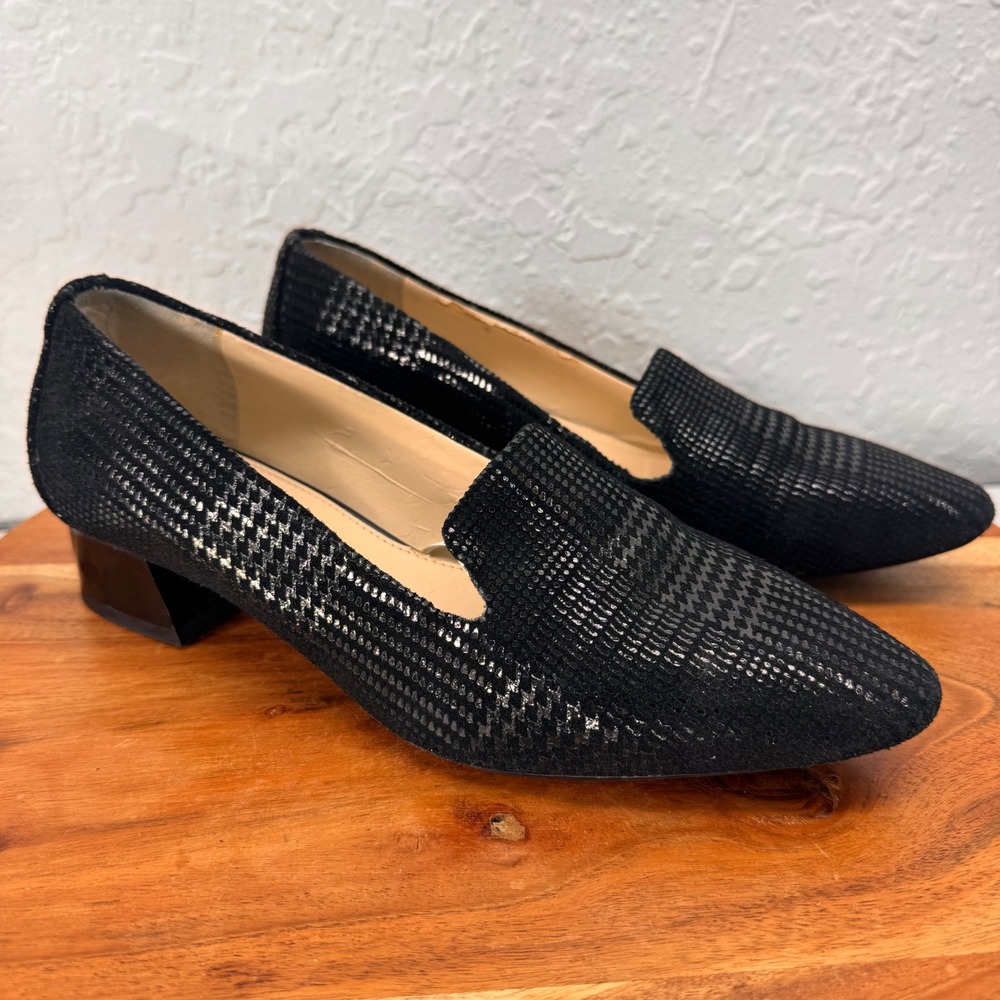 Alex Marie Womens 7M Black Textured Leather Pointed Toe Block Heel Loafers